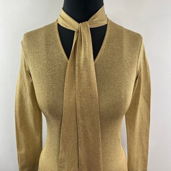 VINTAGE Jill Stuart Metallic Gold Blouse Knit Tie-Neck Long Sleeve Size Small S - Picture 4 of 11